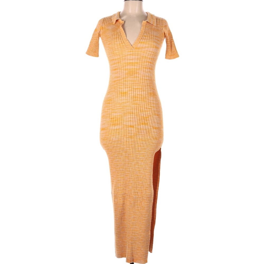 Orange V-Neck Asymmetrical Slit Maxi Dress